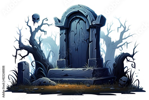 Tombstone at haunted cemetery. Spooky Halloween scene. Tshirt, pposter design. Ai Generative photo