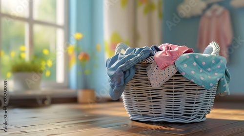 A 3D render of a baby laundry basket filled with clothes photo