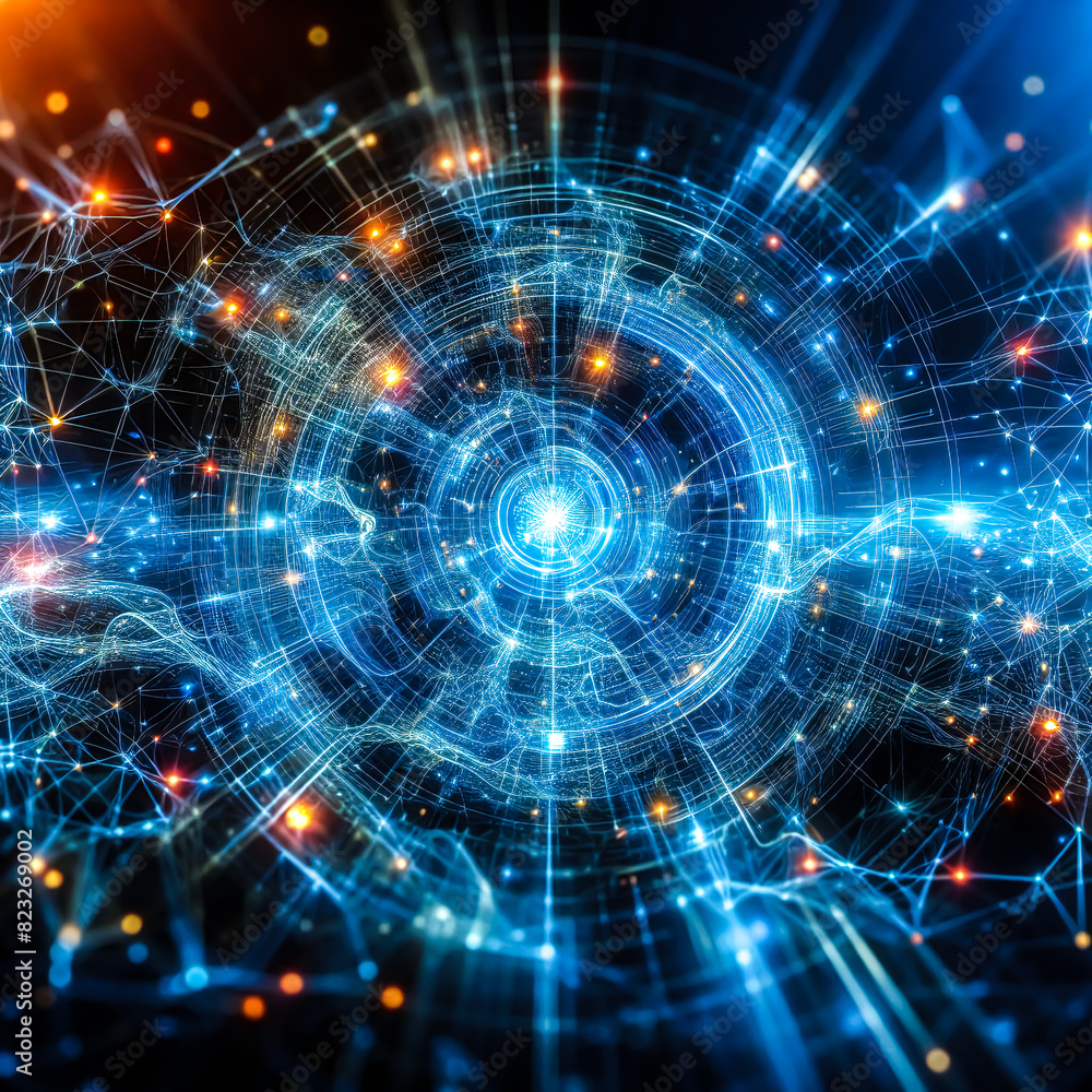 Abstract blue technology background with a cyber network grid and connected particles blue light and orange light. Artificial neurons, global data connections robot - Generative AI Abstract blue technology background with a cyber network grid and connected particles blue light and orange light. Artificial neurons, global data connections robot - Generative AI
