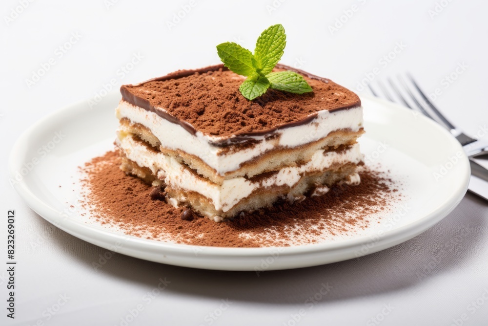 Tempting tiramisu on a porcelain platter against a white background Tempting tiramisu on a porcelain platter against a white background