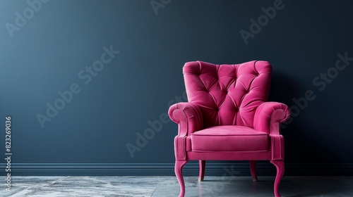 Colorful interior with a pink armchair on an empty, dark wall background.