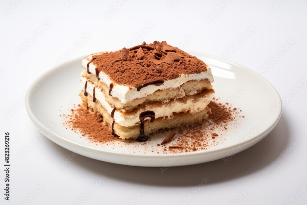 Tempting tiramisu on a porcelain platter against a white background Tempting tiramisu on a porcelain platter against a white background