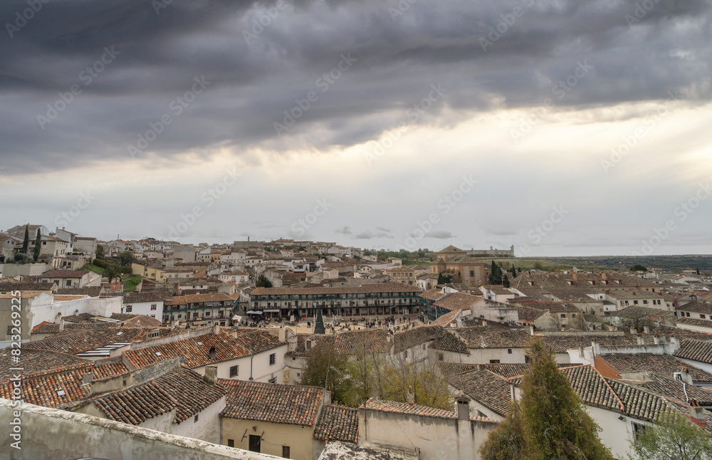 Panoramic views of the medieval village of Chinchon on a cloudy day. Panoramic views of the medieval village of Chinchon on a cloudy day.