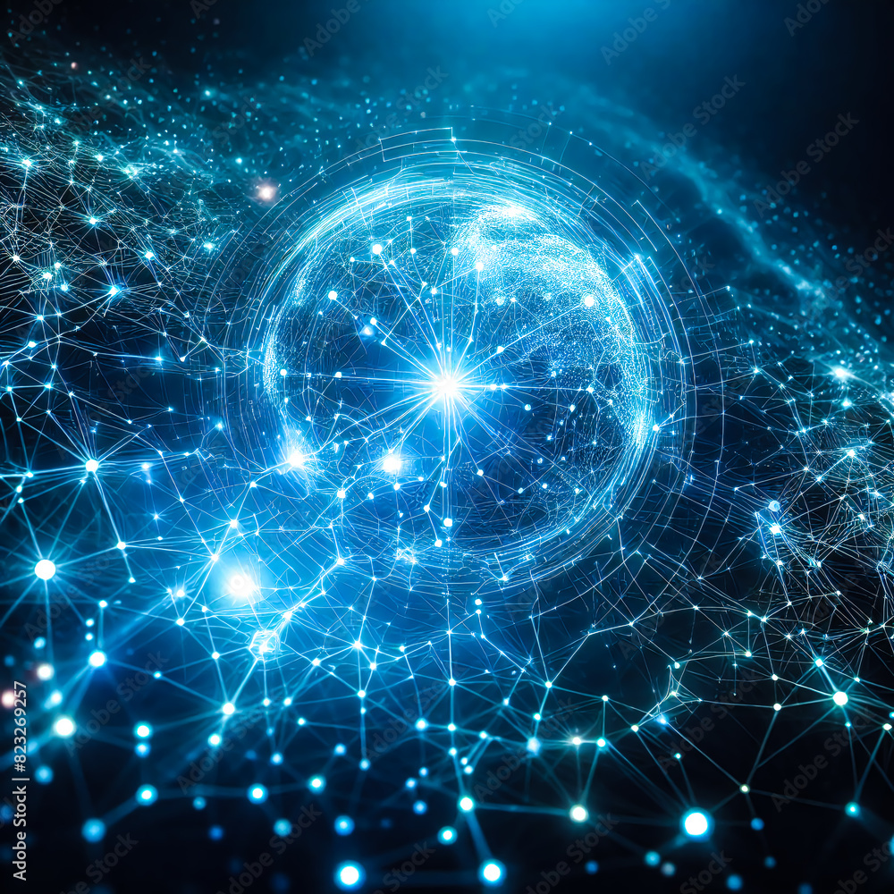 Abstract blue technology background with a cyber network grid and connected particles blue light and orange light. Artificial neurons, global data connections robot - Generative AI Abstract blue technology background with a cyber network grid and connected particles blue light and orange light. Artificial neurons, global data connections robot - Generative AI