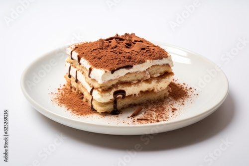 Tempting tiramisu on a porcelain platter against a white background