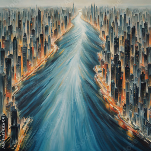 an abstract cityscape featuring a towering skyscraper  a bustling street  and a serene river flowin
