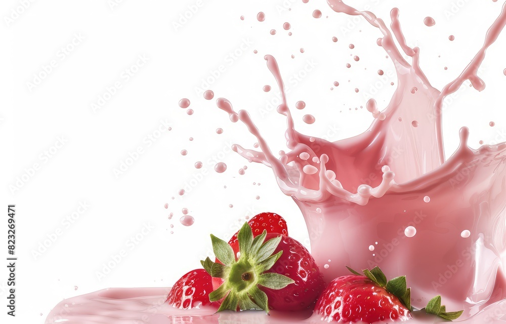 A splash of strawberry milk with two strawberries isolated on white background A splash of strawberry milk with two strawberries isolated on white background