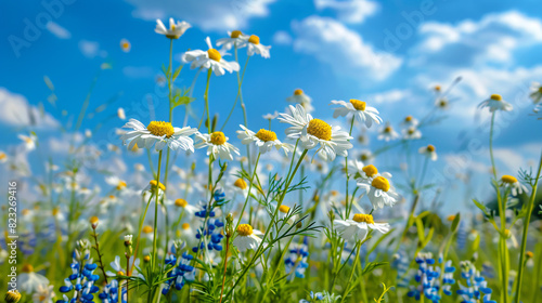 Beautiful field meadow flowers chamomile blue wild pea