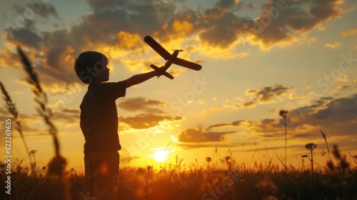 Boy silhouette launching model airplane at sunset with dreams of becoming a future pilot