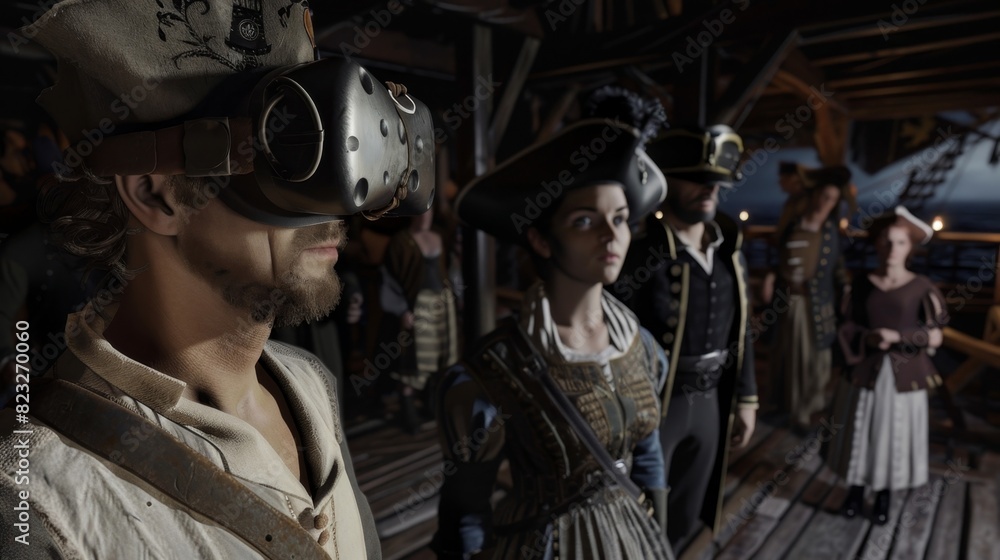 A group of VR users attend a virtual reenactment of the Boston Tea Party seeing and interacting with historical figures such as Samuel Adams and Paul Revere.