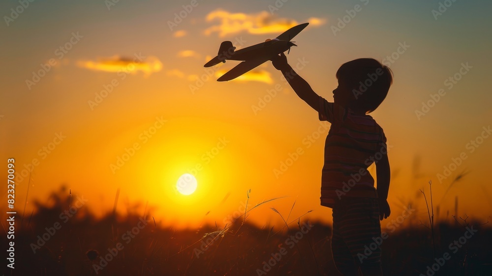 Silhouette of boy launching model plane at sunset, fulfilling dream of future pilot