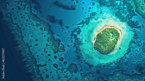 Aerial View Of A Coral Atoll, Turquoise Water Surrounding It, Cartoon ,Flat color © Moon Art Pic