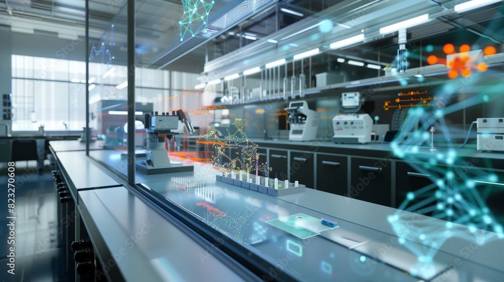 A top-tier materials science lab showcases atomic visuals and compounds analyzed by advanced spectrometers. A top-tier materials science lab showcases atomic visuals and compounds analyzed by advanced spectrometers.
