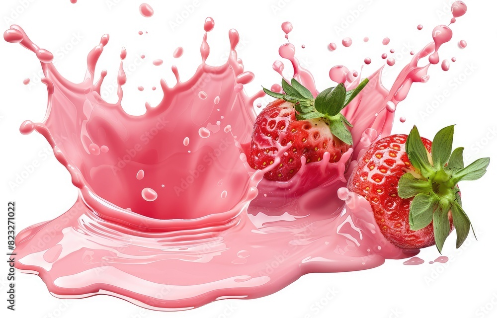 A splash of strawberry milk with two strawberries isolated on white background A splash of strawberry milk with two strawberries isolated on white background