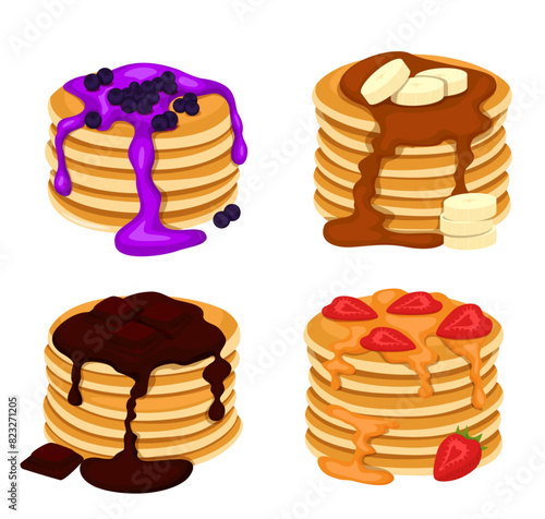 Set of four pancakes with different toppings. Stacks of tasty pancakes with maple syrup, butter, chocolate syrup, fruits and jam. Hotcake morning cuisine.