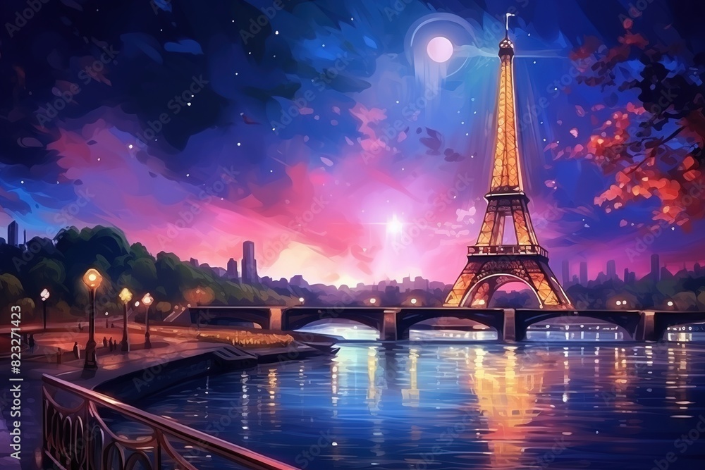 Fototapeta premium The Eiffel Tower and the Seine River at sunset in Paris, France. The Eiffel Tower is one of the most iconic landmarks in Paris. Postcard with views of Paris