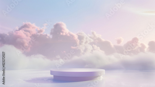 Minimal pedestal in a foggy, cloudy background, perfect for cosmetics display, summer paradise theme, dreamy vibes