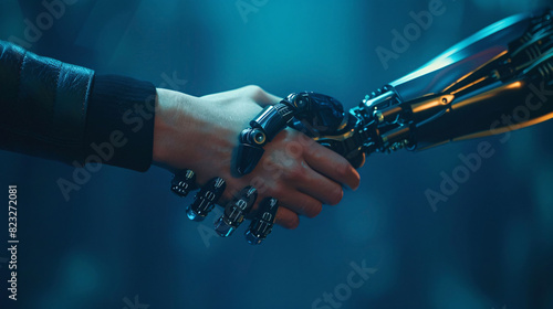 Human hand reaching out for handshake with robot hand business concept illustration background