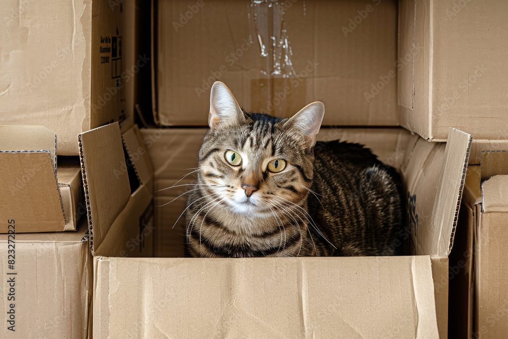 Cute tabby cat playing in cardboard boxes.