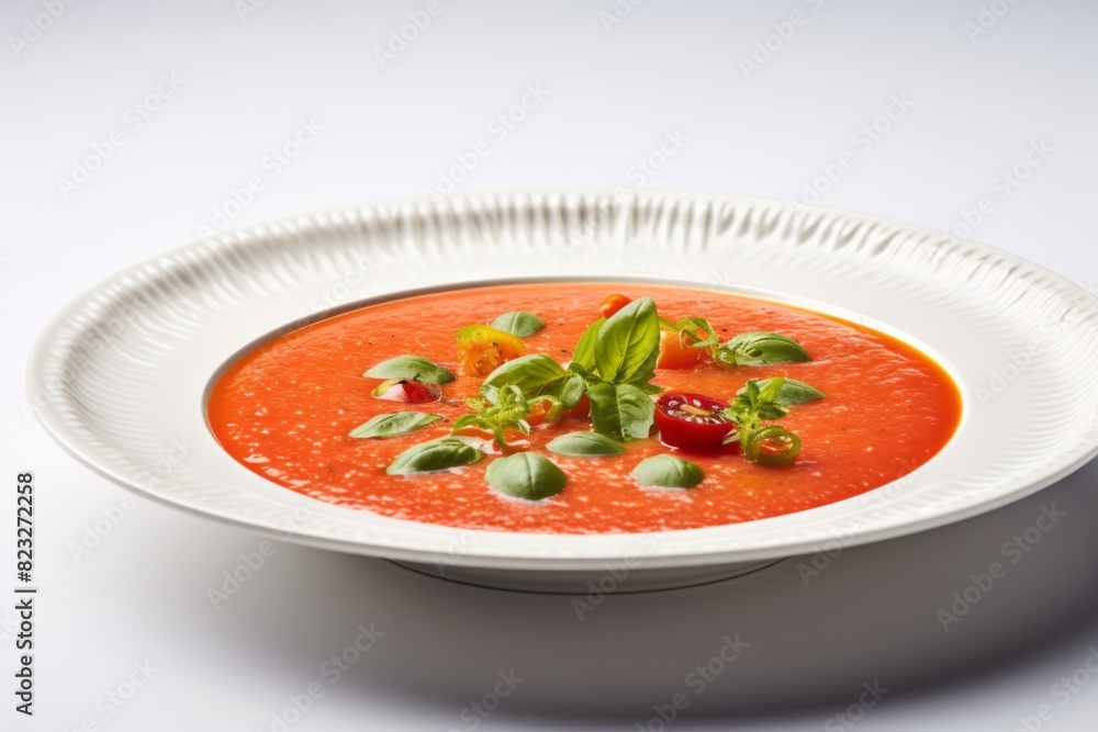 Exquisite gazpacho on a porcelain platter against a white background Exquisite gazpacho on a porcelain platter against a white background