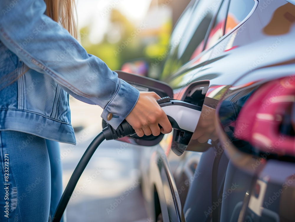 Closeup of woman s hands plugging in charger, electric car at recharging station, sustainable energy, ideal for stock photography Closeup of woman s hands plugging in charger, electric car at recharging station, sustainable energy, ideal for stock photography