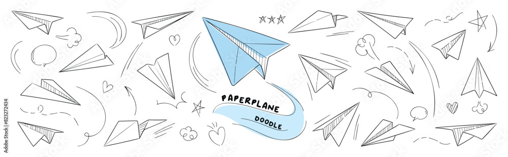 Hand drawn paper plane vector icons set. Hand drawn doodle style collection of speech bubble, star, heart, arrow. Paper plane design for application, doodle, print, sticker, decoration. Hand drawn paper plane vector icons set. Hand drawn doodle style collection of speech bubble, star, heart, arrow. Paper plane design for application, doodle, print, sticker, decoration.