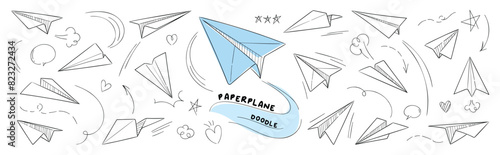 Hand drawn paper plane vector icons set. Hand drawn doodle style collection of speech bubble, star, heart, arrow. Paper plane design for application, doodle, print, sticker, decoration.