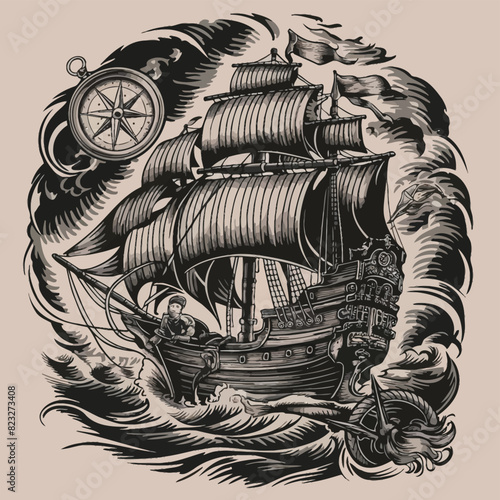 sailing ship traditional tattoo style
