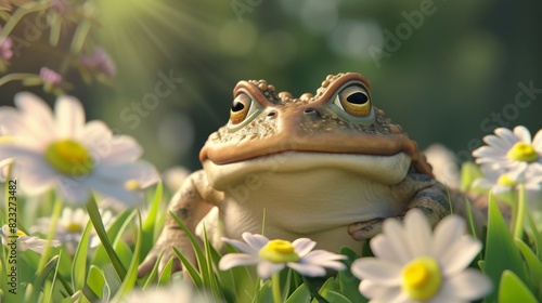 A photorealistic toad sitting among daisies in a sunlit field  capturing a serene morning moment in nature.
