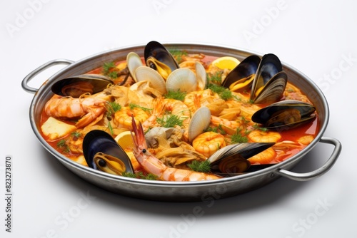 Exquisite bouillabaisse on a plastic tray against a white background