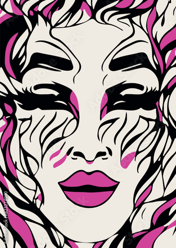 Vector illustration of a young woman wearing pink lipstick,