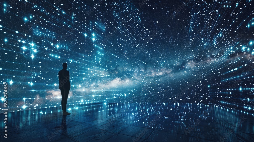 Human figure filled with celestial patterns in front of a digital data matrix, symbolizing the cosmos of individual data. Big data visualization