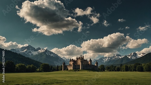 mountains，sky，clouds，trees，lawn，castle