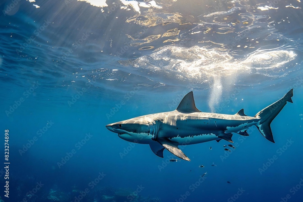 Fototapeta premium Swimming in the Blue Ocean: A Majestic White Shark