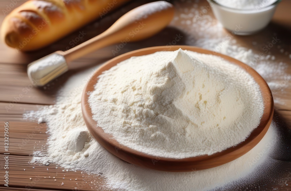 flour and dough on a light wooden table, top view flour and dough on a light wooden table, top view