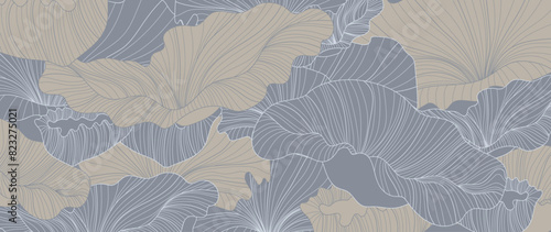 Lotus leaf line art wallpaper background vector. Luxury natural hand drawn foliage pattern design in minimalist linear contour simple style. Design for fabric, print, cover, banner, invitation.