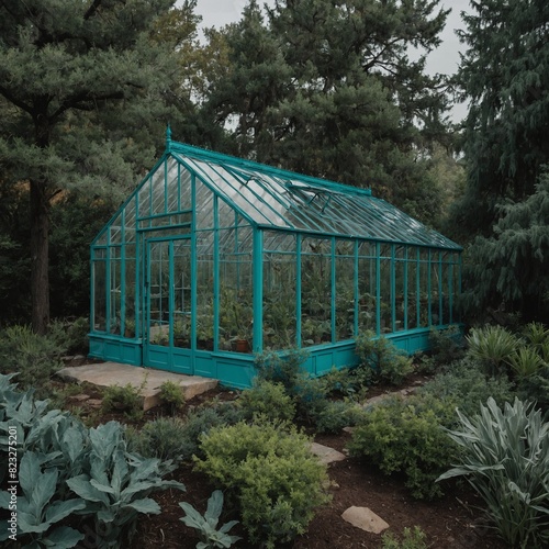 Turquoise-accented greenhouse amidst a variety of trees.   © Muhammad
