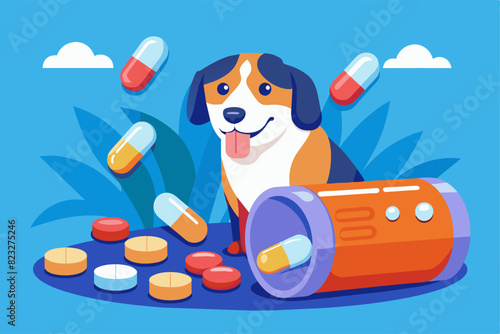 Dog with Medication and Supplements. Vector illustration of a dog surrounded by various pills and a large pill bottle