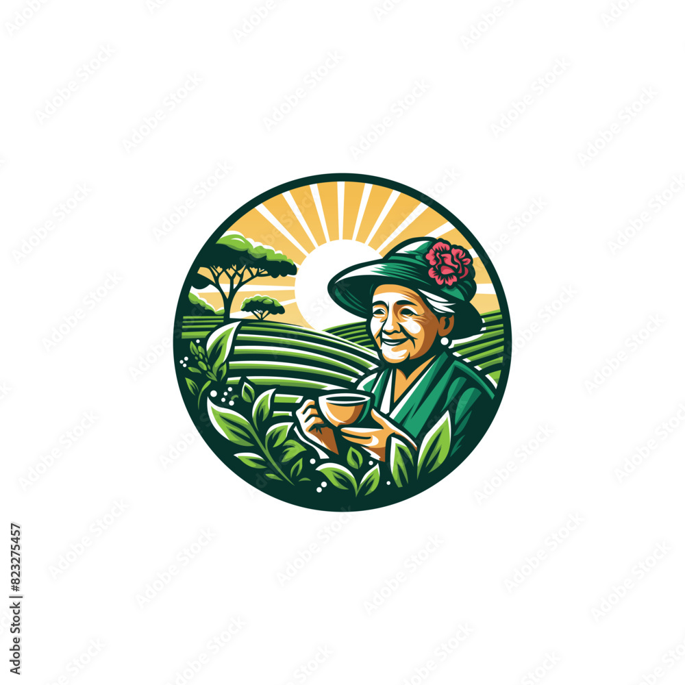 TEA DRINK LOGO ILLUSTRATION OF A GRANDMOTHER DRINKING TEA TEA DRINK LOGO ILLUSTRATION OF A GRANDMOTHER DRINKING TEA