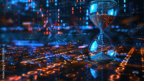 Hourglass with sand transforming into binary code, illustrating the transient nature of time in the age of big data. Big data visualization