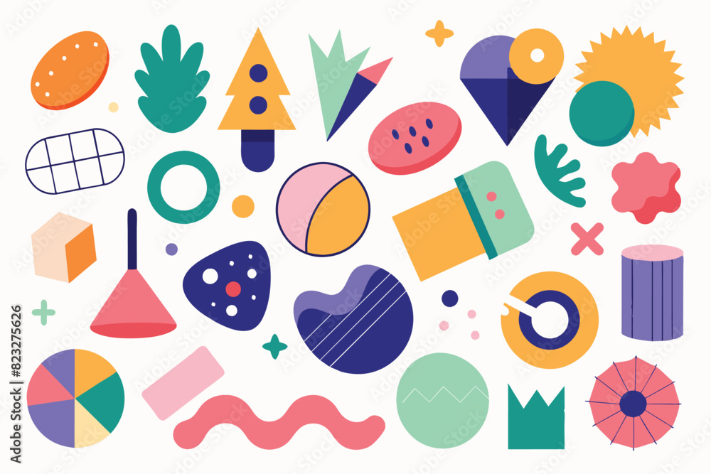 Big set of Hand drawn various colorful shapes and doodle objects. Abstract contemporary modern trendy vector illustration