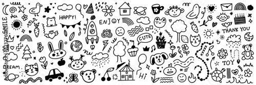 Cute kid scribble doodle icons set. Hand drawn childish funny simple vector illustrations. Flower, heart, cloud children draw style design