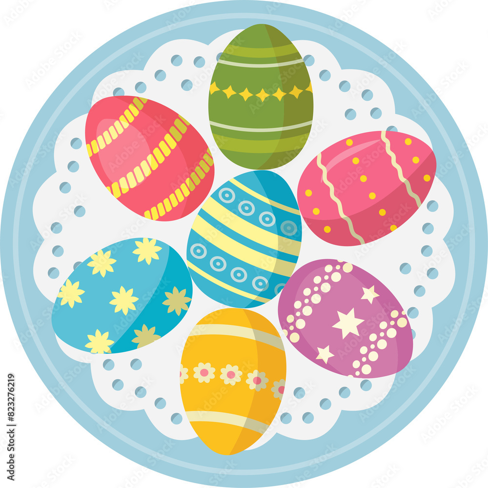 Painted and decorated Easter eggs, decoration on plate. Traditional festive dish, top view. Flat vector illustration isolated on white background Painted and decorated Easter eggs, decoration on plate. Traditional festive dish, top view. Flat vector illustration isolated on white background