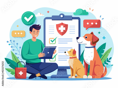 Vector illustration of a vet explaining pet insurance to two dogs, featuring a clipboard and medical symbols, ideal for pet care and health insurance themes.