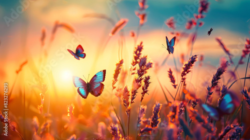 Beautiful fluffy wild grass and fluttering butterflies © levit