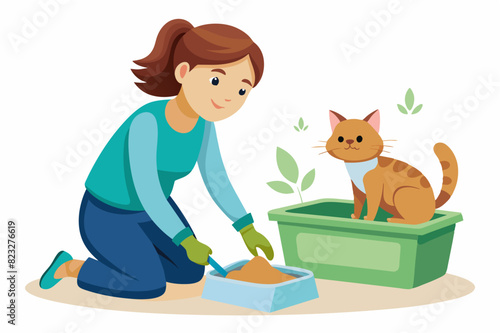 Illustration of a woman cleaning a cat litter box while the cat watches, depicting responsible pet ownership and hygiene
