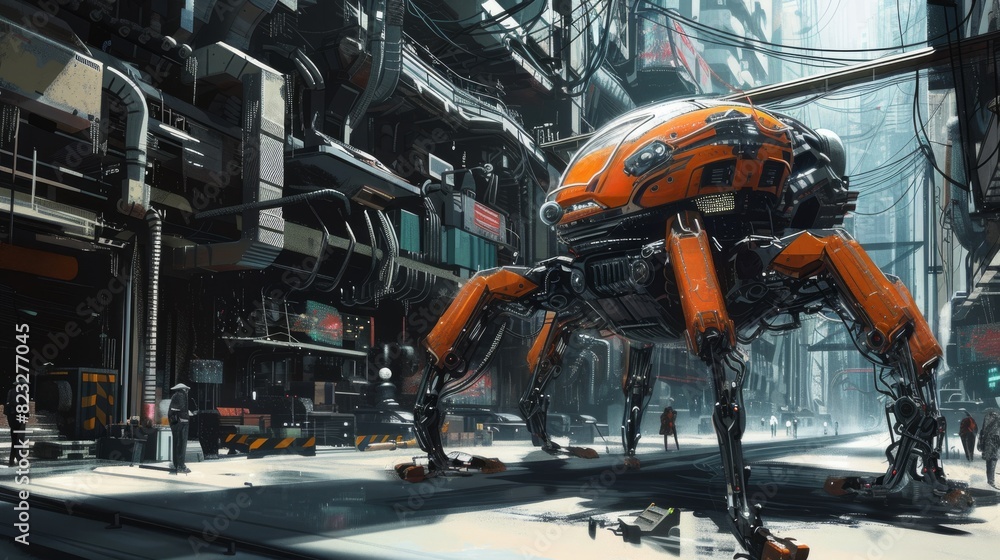 A captivating image of a giant orange robotic spider navigating through a dense urban landscape, illustrating the intersection of futuristic technology and urban life. A captivating image of a giant orange robotic spider navigating through a dense urban landscape, illustrating the intersection of futuristic technology and urban life.