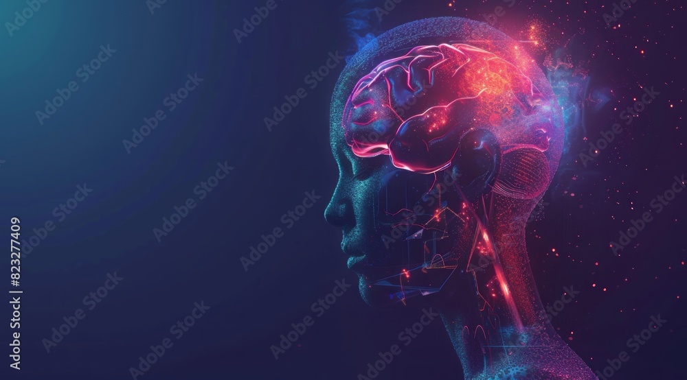 A glowing brain with a red aura is depicted on the side of an animated human head in profile, symbolizing treatment for graduating to research and treatment A glowing brain with a red aura is depicted on the side of an animated human head in profile, symbolizing treatment for graduating to research and treatment