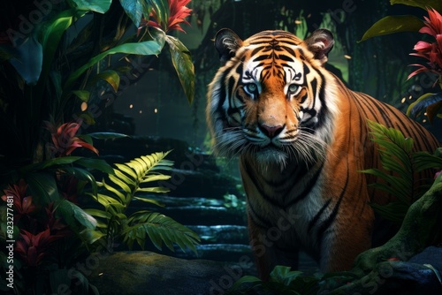 Mysterious Tiger jungle aesthetic. Wildlife majestic predator in wild forest. Generate ai