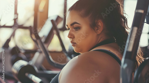 Closeup plus size woman in sportswear doing fitness in the gym photo